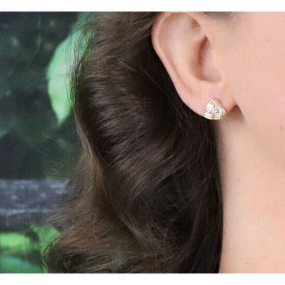 14k Yellow Gold Diamond Triangle Design Earrings Stud Post - Picture 4 of 8
